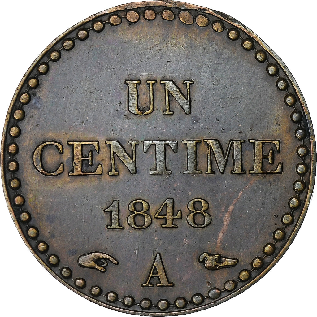 França, Centime, Dupré, 1848, Paris, Bronze, AU(55-58), Gadoury:84, KM:754