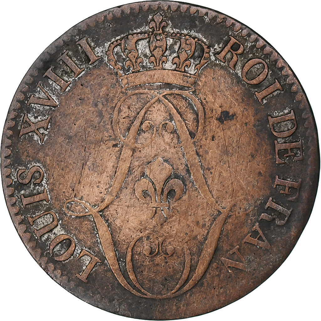 French Guiana, Louis XVIII, 10 Centimes, 1818, Paris, Billon, VF(30-35), KM:A1