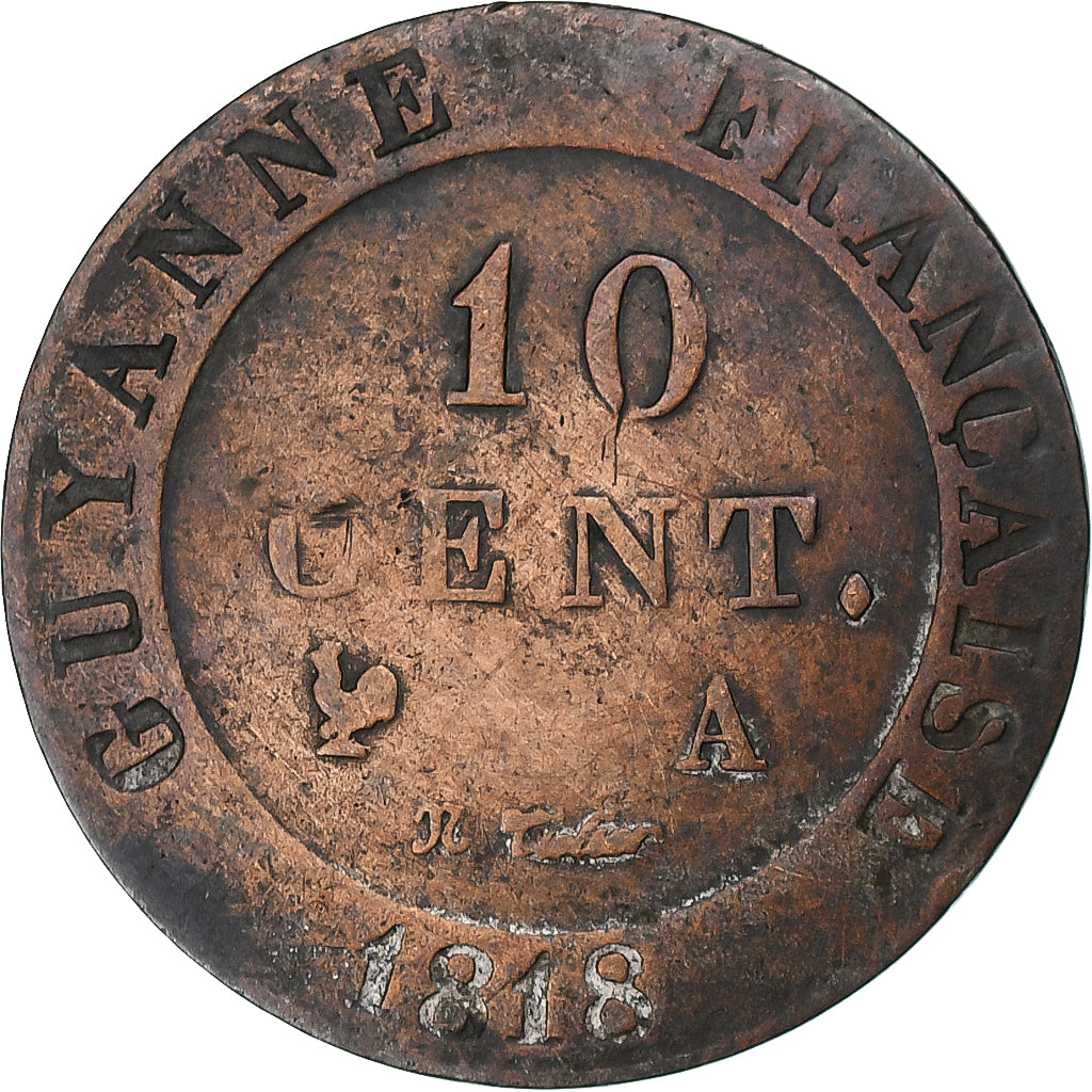 French Guiana, Louis XVIII, 10 Centimes, 1818, Paris, Billon, VF(30-35), KM:A1