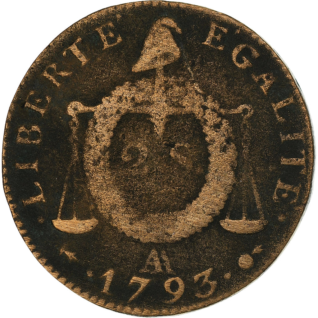 France, 2 sols à la Balance, 1793 / AN II, Metz, Copper, VF(20-25), Gadoury:31