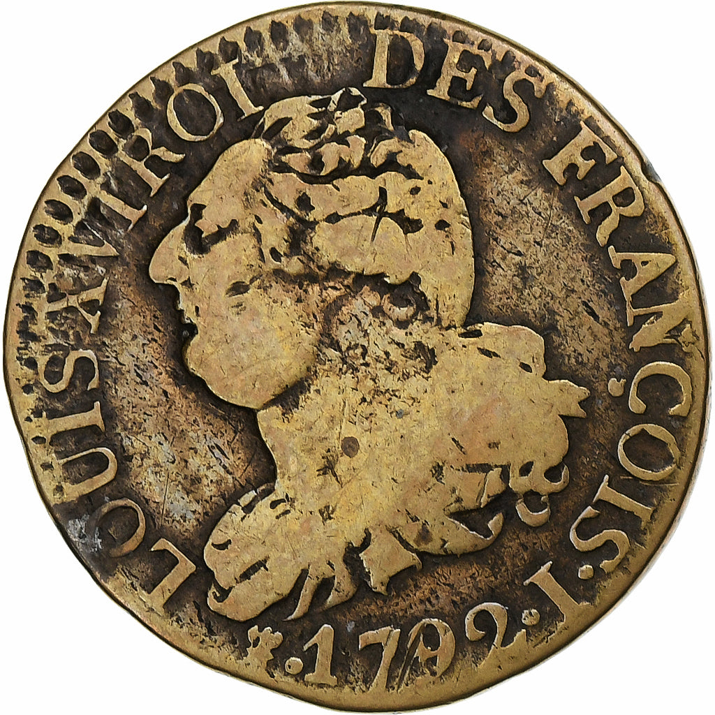 França, Louis XVI, 3 Deniers, 1792 / AN 4, Limoges, Latão, VF(30-35)