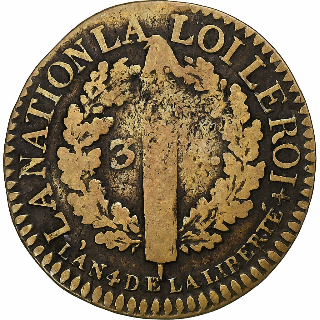 França, Louis XVI, 3 Deniers, 1792 / AN 4, Limoges, Latão, VF(30-35)