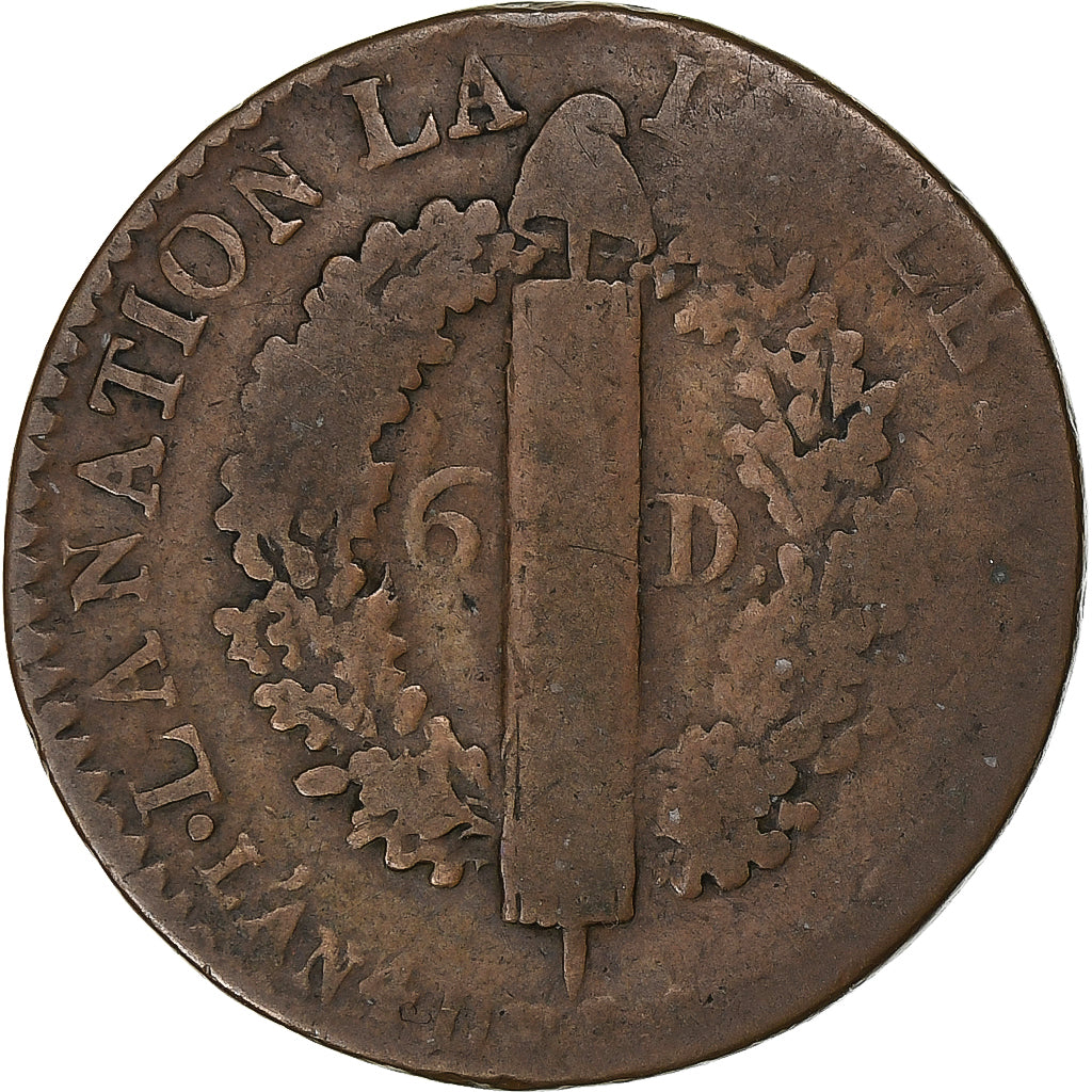 Frankreich, Louis XVI, 6 Deniers, 1792 / AN 4, Marseille, Kupfer, S, Gadoury:8