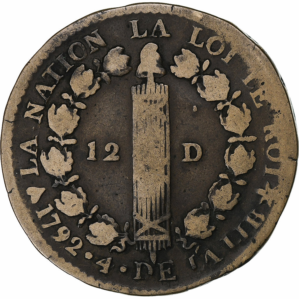 France, Louis XVI, 12 deniers français, 1792⸱4, Strasbourg, Copper