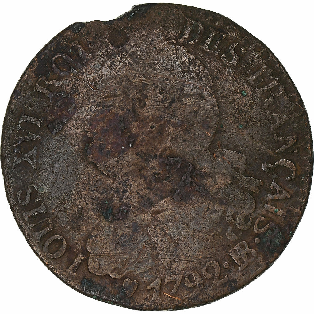 France, Louis XVI, 6 deniers français, 1792 / AN 4, Strasbourg, Cuivre, B+
