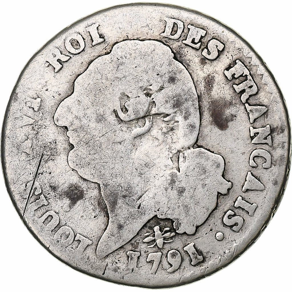 France, Louis XVI, 15 sols français, 1791 / AN 3, Lyon, Silver, VF(20-25)