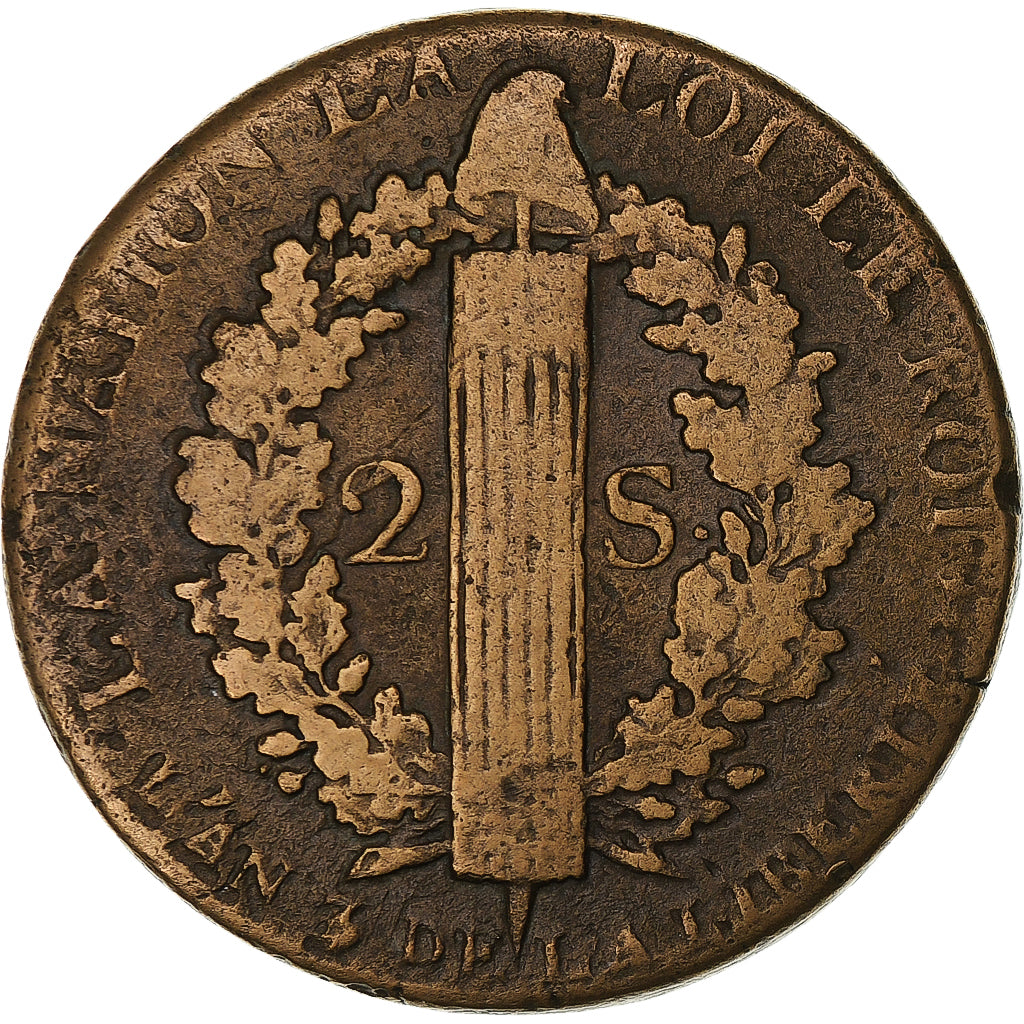 France, Louis XVI, 2 sols François, 1791 / AN 3, Metz, Copper, VF(20-25)