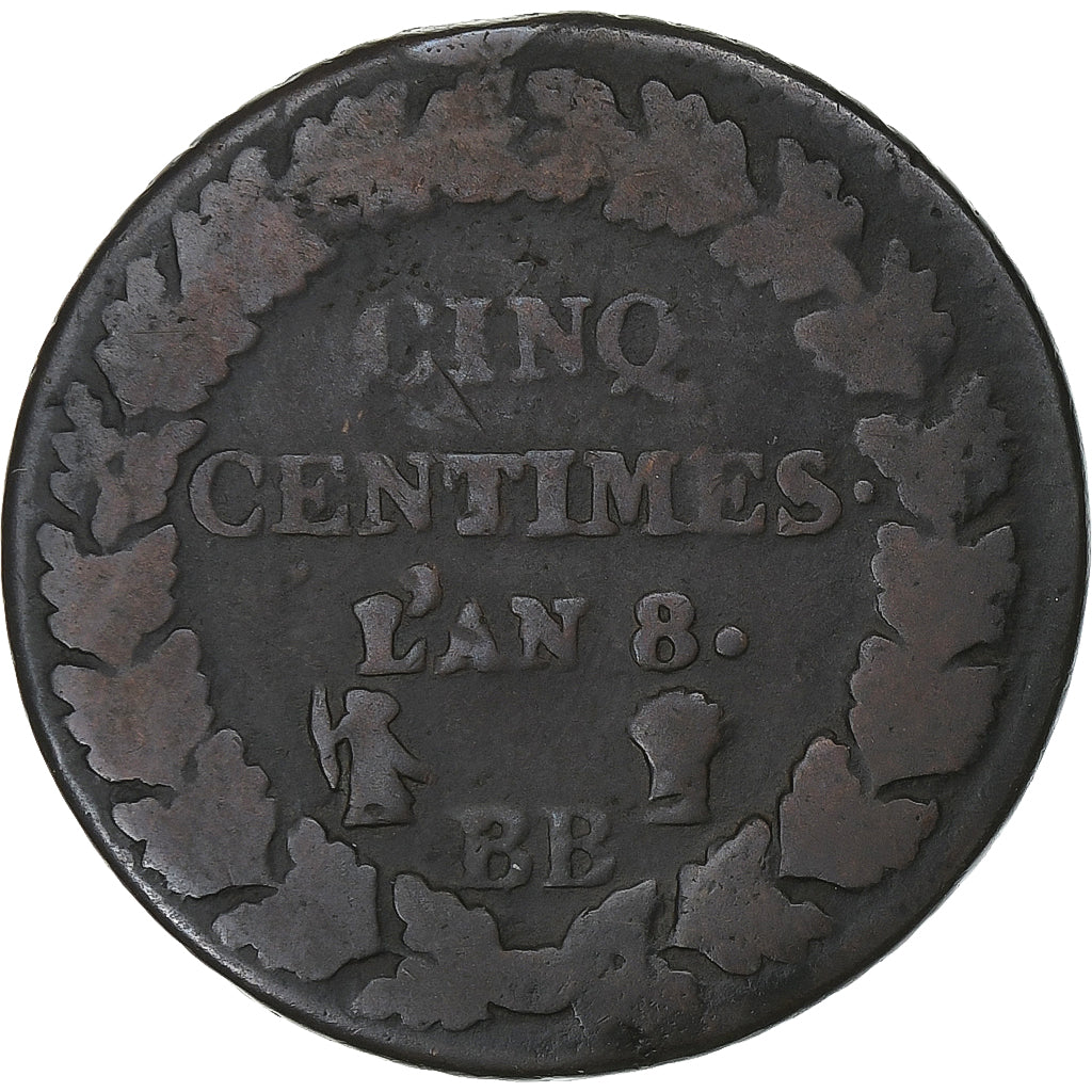 Francia, 5 Centimes, Dupré, AN 8, Strasbourg, Cobre, BC+, Gadoury:126a