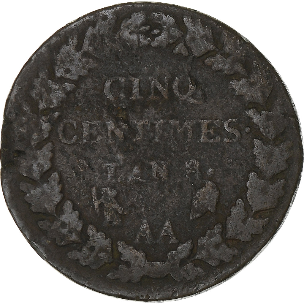 France, 5 Centimes, Dupré, AN 8, Metz, Copper, VF(20-25), Gadoury:126a