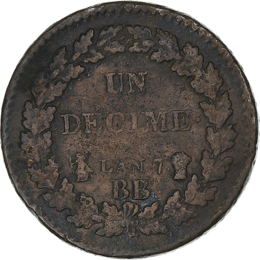 France, Decime, Dupré, AN 7, Strasbourg, Copper, VF(20-25), Gadoury:187