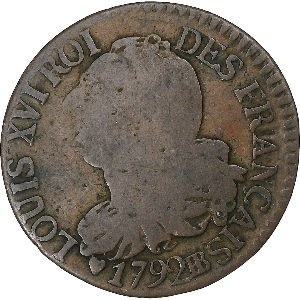 França, Louis XVI, 3 Deniers, 1792, Strasbourg, Cobre, VF(20-25), Gadoury:4