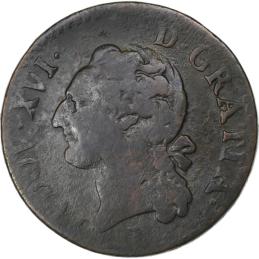 Francia, Louis XVI, 1/2 Sol, 1785, Nantes, Cobre, BC+, Gadoury:349