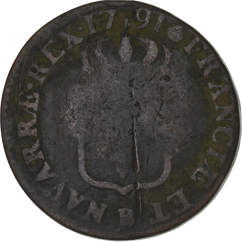 France, Louis XVI, Sol, 1791, Rouen, 2ème semestre, Cuivre, B+, Gadoury:350