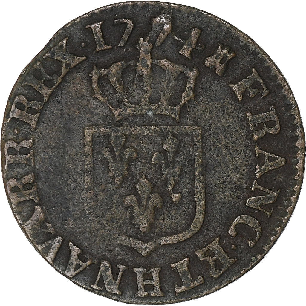 França, Louis XV, Liard à la Vieille Tête, 1774, La Rochelle, Cobre