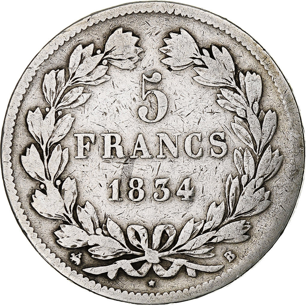 France, Louis-Philippe, 5 Francs, 1834, Rouen, Silver, VF(30-35), Gadoury:678