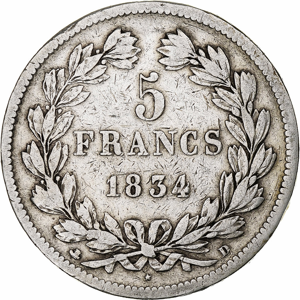 France, Louis-Philippe, 5 Francs, 1834, Lyon, Silver, VF(30-35), Gadoury:678