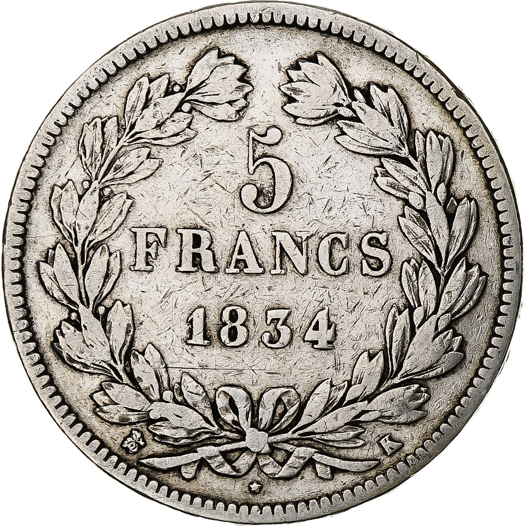 France, Louis-Philippe, 5 Francs, 1834, Bordeaux, Silver, VF(30-35)