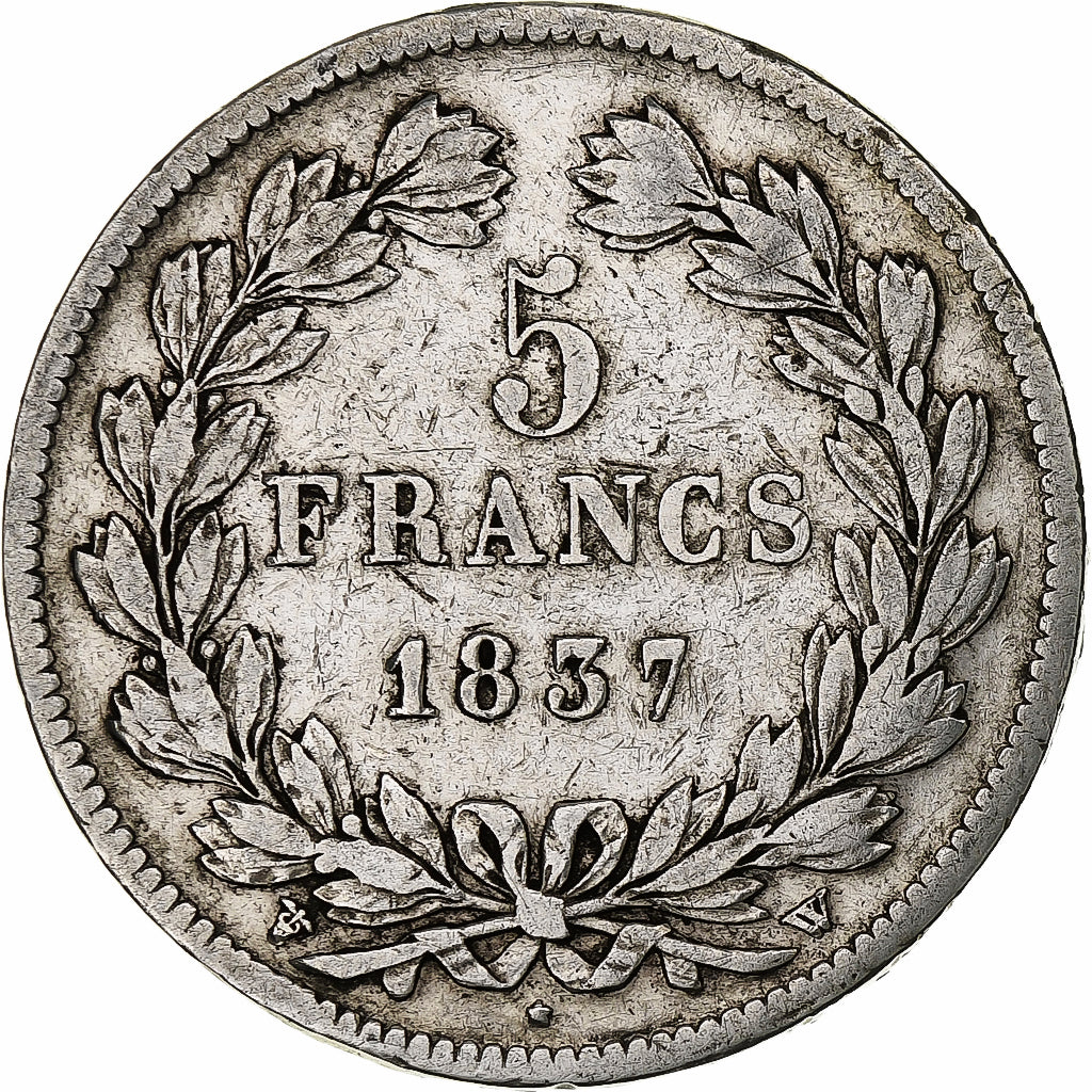 França, Louis-Philippe, 5 Francs, 1837, Lille, Prata, VF(30-35), Gadoury:678
