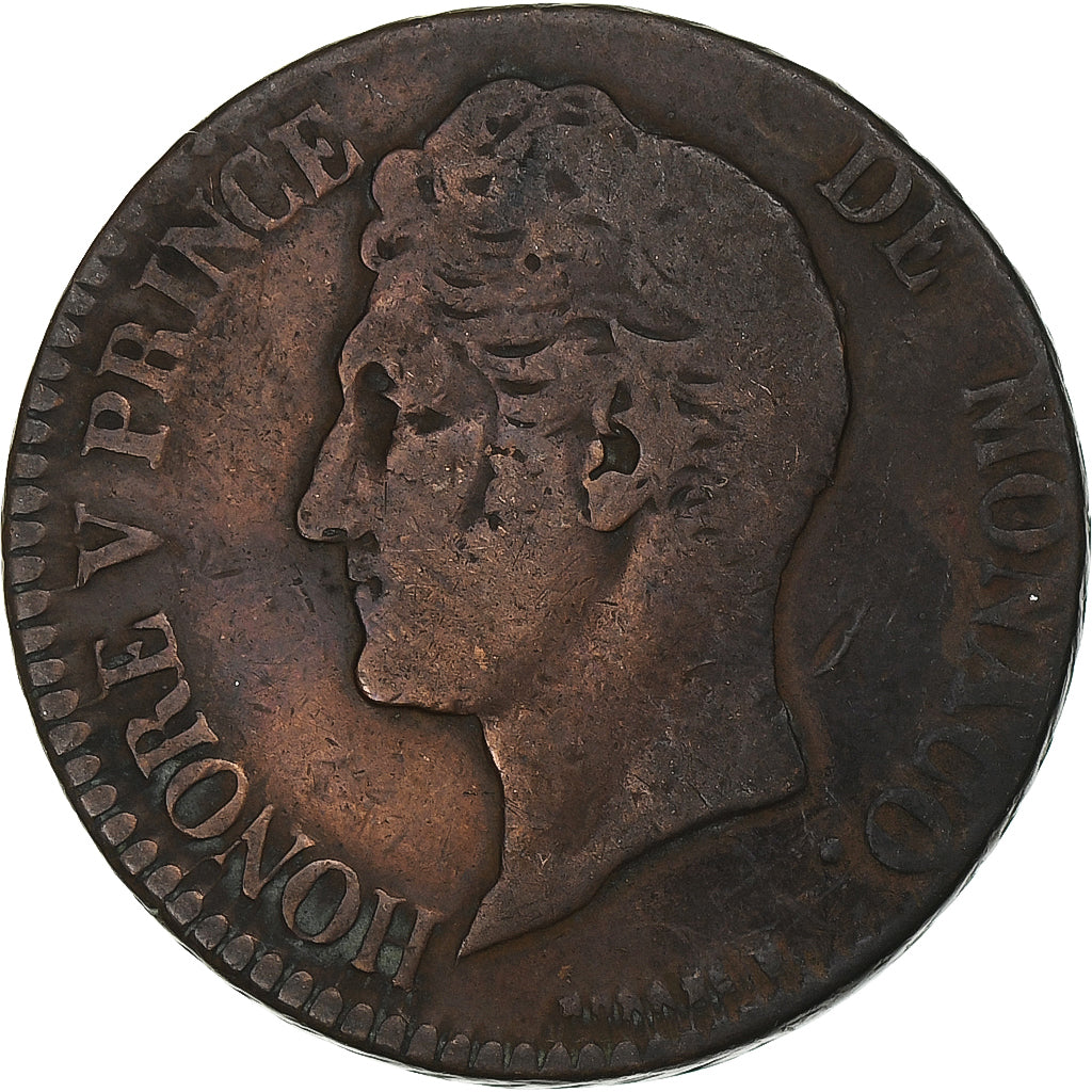 Mónaco, Honore V, 5 Centimes, 1837, Monaco, Cobre, VF(30-35), Gadoury:MC 102