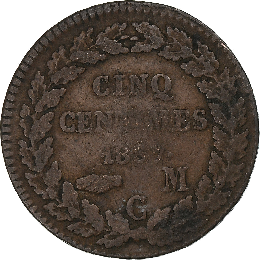 Mónaco, Honore V, 5 Centimes, 1837, Monaco, Cobre, VF(30-35), Gadoury:MC 102