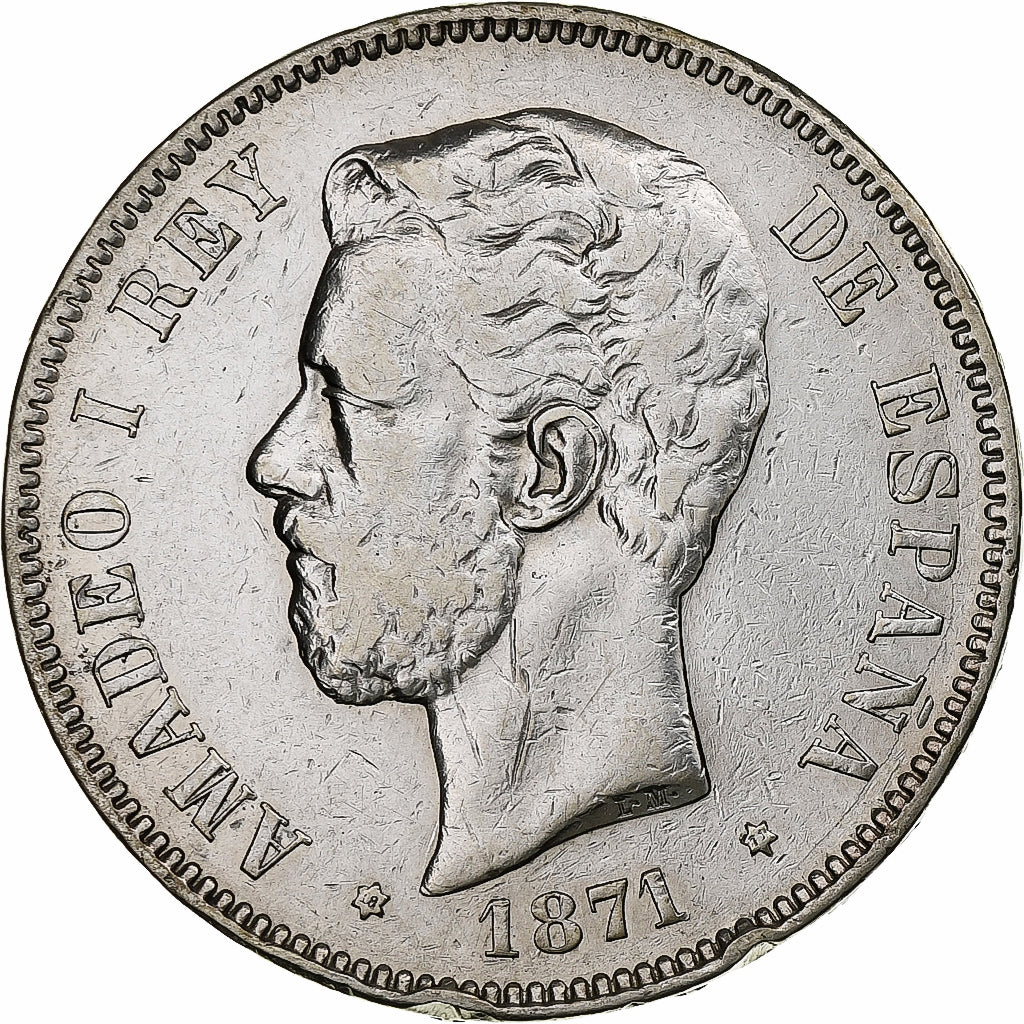 Spagna, Amadeao I, 5 Pesetas, 1871, Madrid, Argento, MB+, KM:666