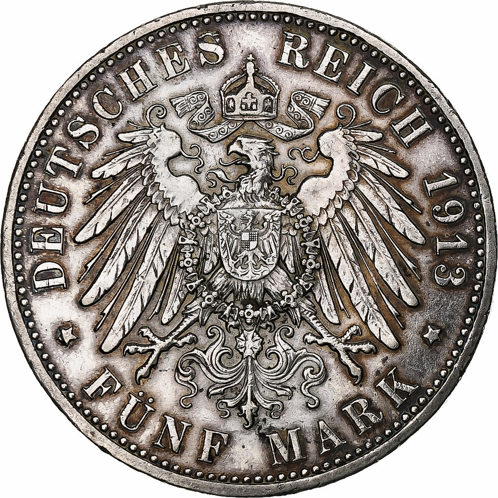 Kingdom of Prussia, Wilhelm II, 5 Mark, 1913, Berlin, Prata, AU(50-53), KM:536