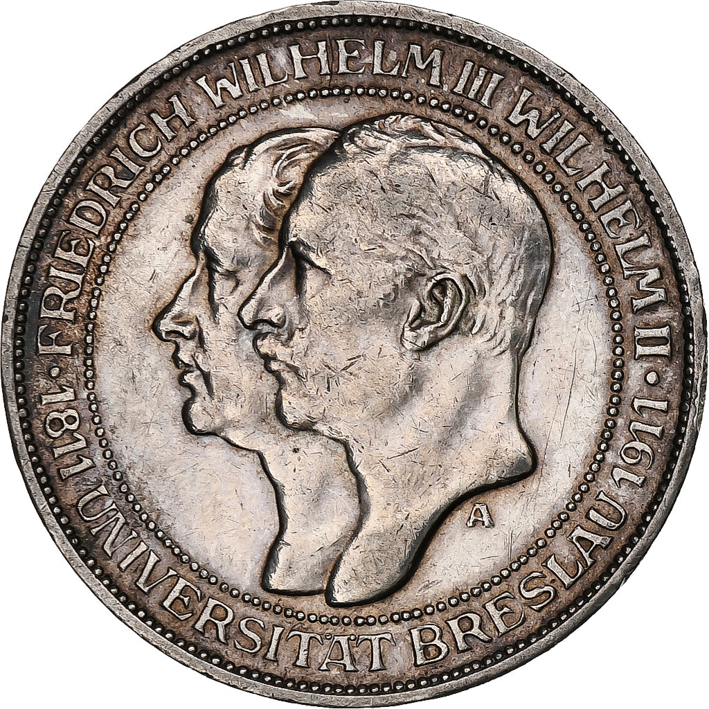 Royaume de Prusse, Wilhelm II, 3 Mark, Wroclaw University, 1911, Berlin, Argent