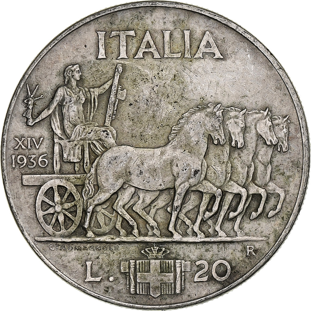 Italie, Vittorio Emanuele III, 20 Lire, 1936-XIV, Rome, Argent, TTB