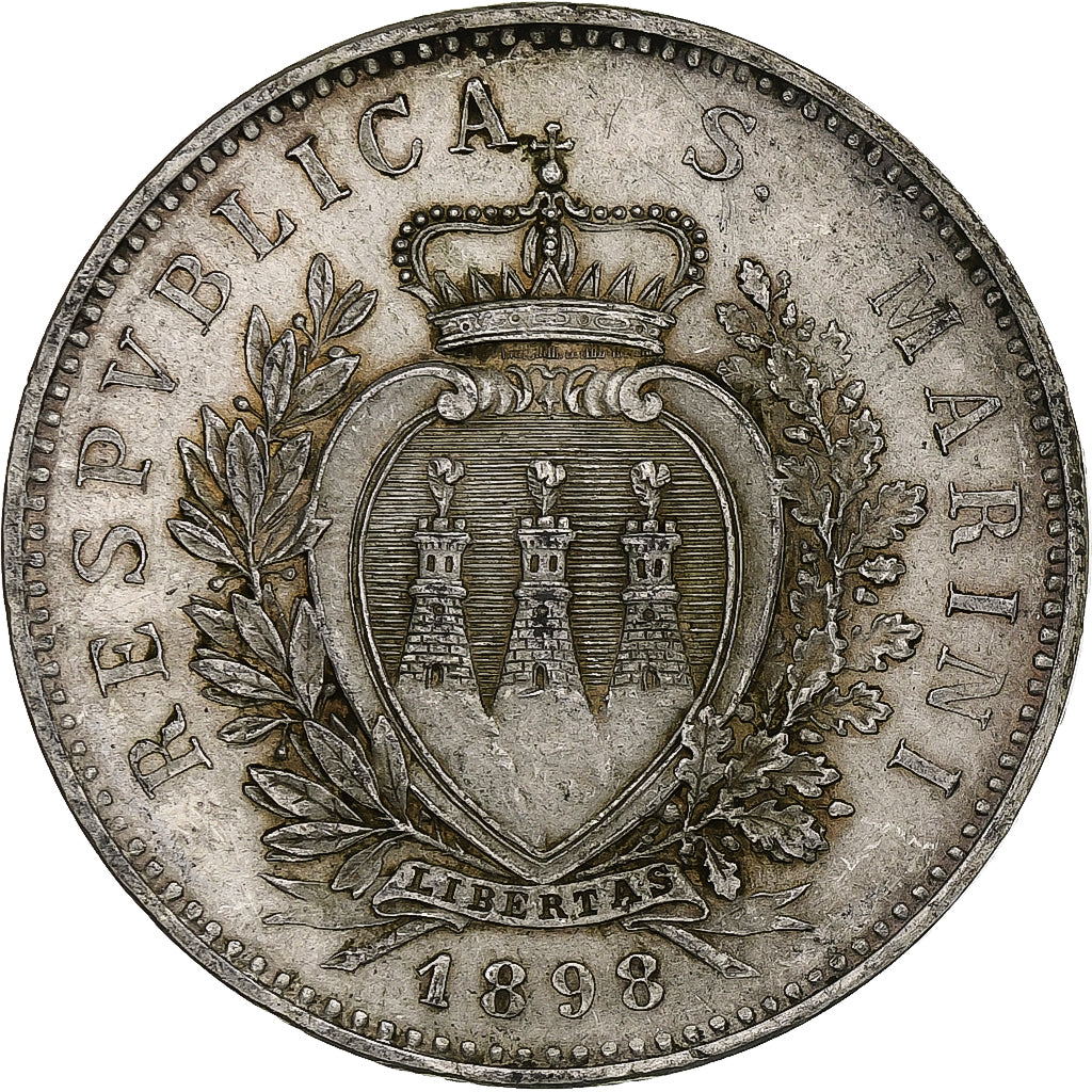 San Marino, 5 Lire, 1898, Rome, Silver, EF(40-45)