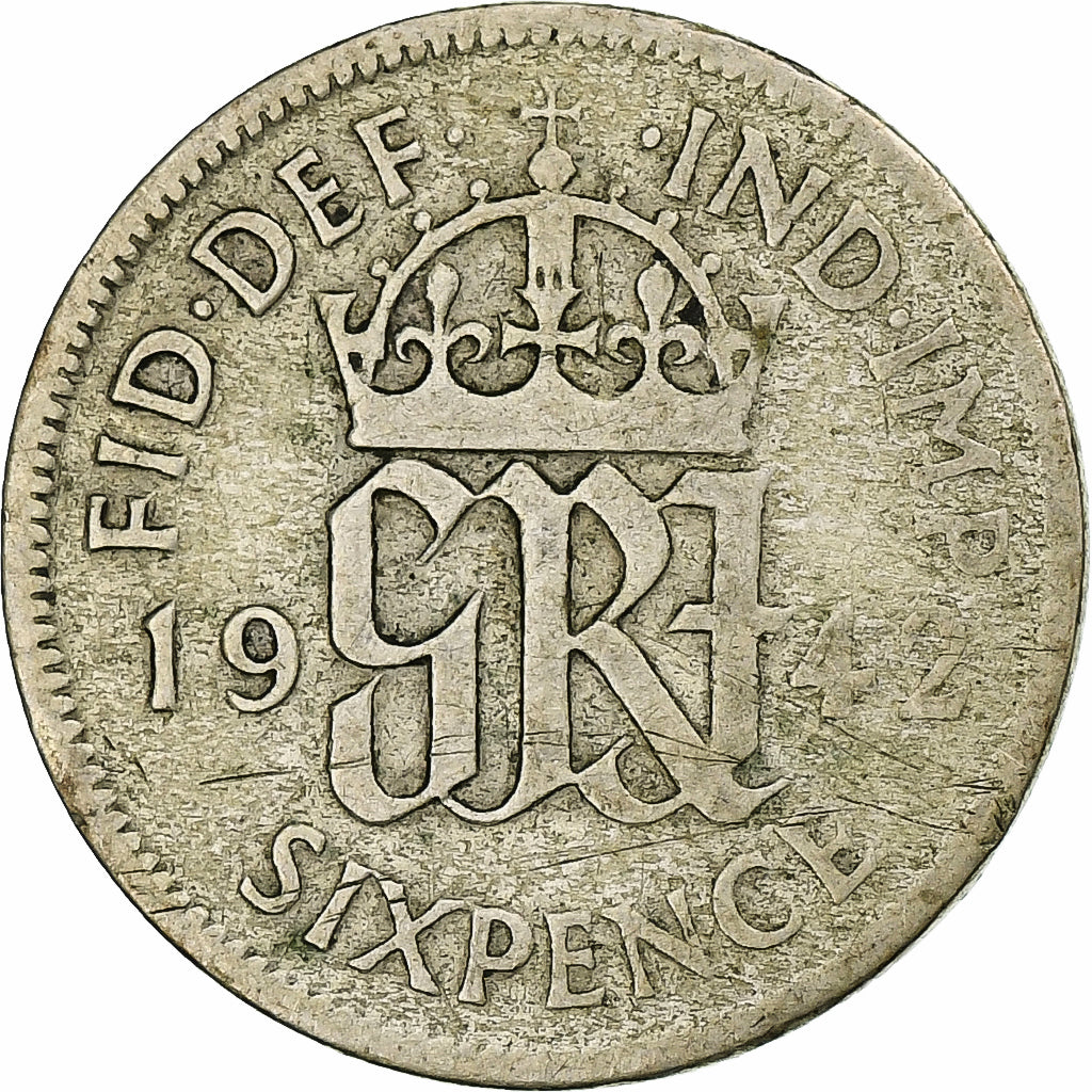 Reino Unido, George VI, 6 Pence, 1942, London, Prata, VF(20-25), KM:852
