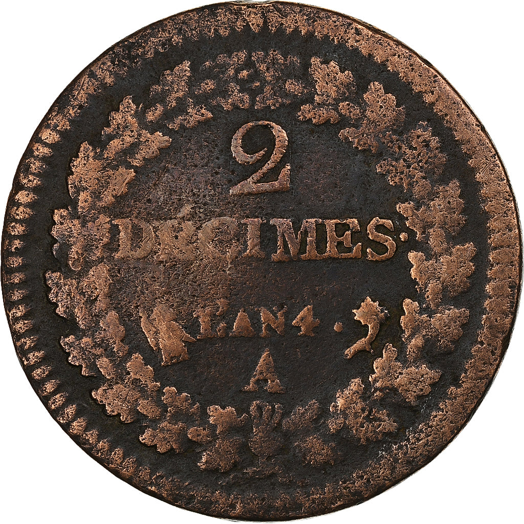 France, 2 Décimes, Dupré, AN 4, Paris, Bronze, VF(30-35), Gadoury:300, KM:638