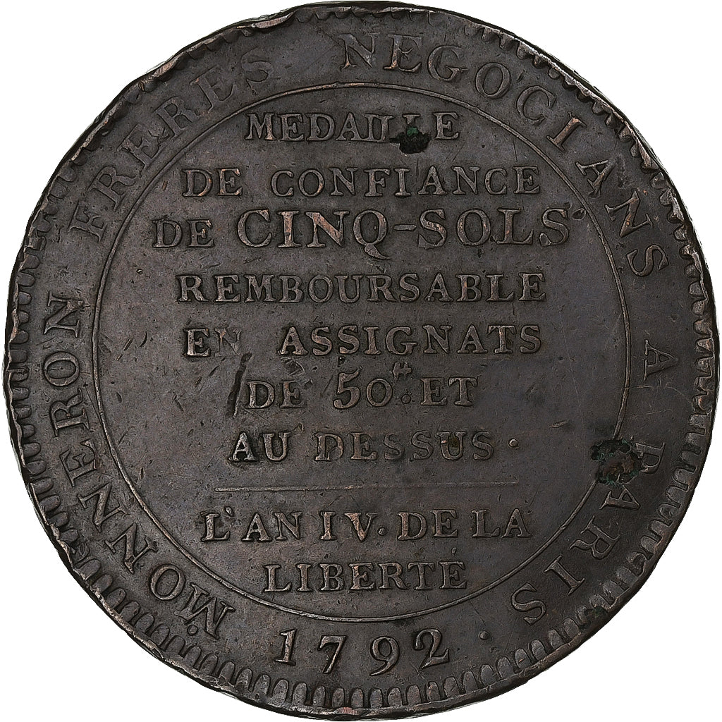 France, 5 Sols, Monneron, 1792, Paris, Bronze, EF(40-45)