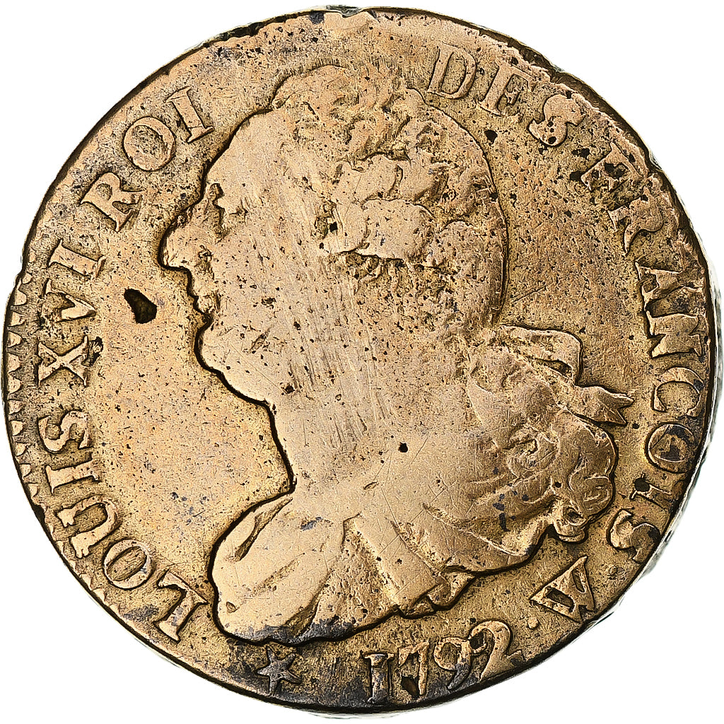 França, Louis XVI, 2 sols François, 1792 / AN 4, Lille, Cobre, VF(30-35)