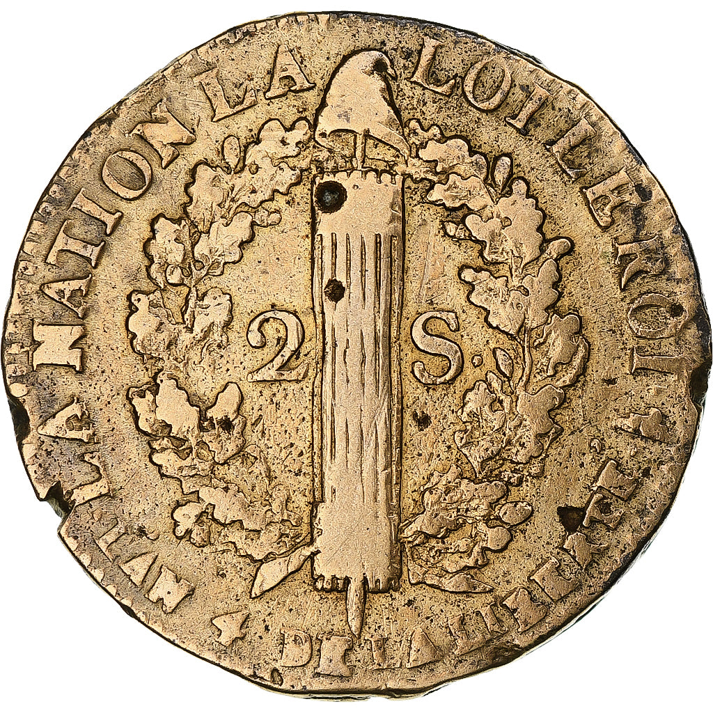 França, Louis XVI, 2 sols François, 1792 / AN 4, Lille, Cobre, VF(30-35)