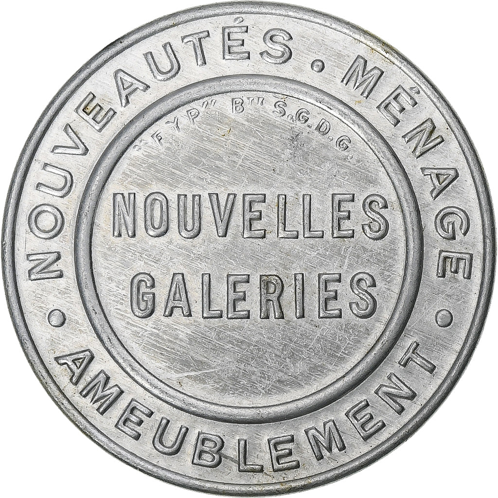 France, timbre-monnaie 5 centimes, Nouvelles Galeries, Ameublement, Aluminium