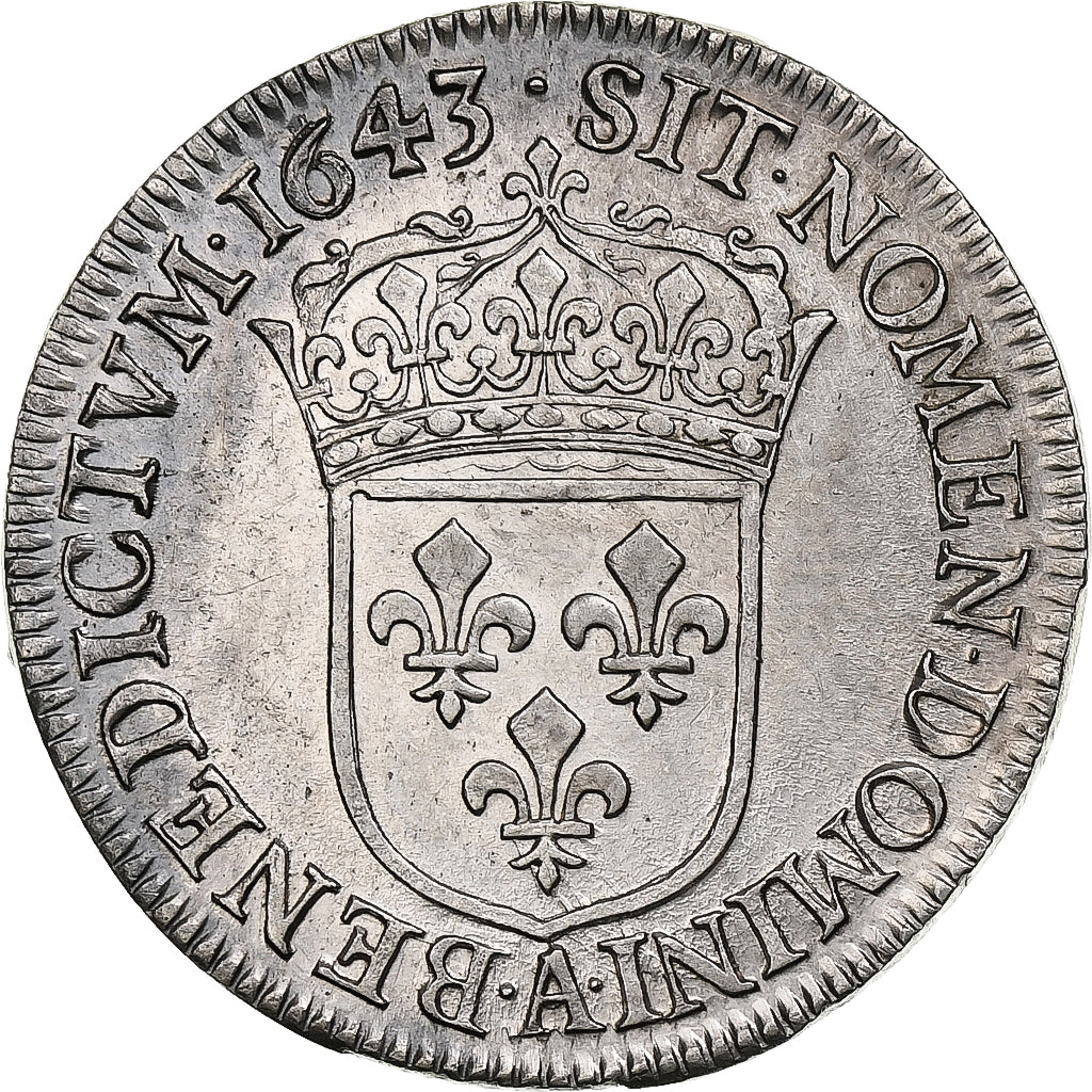França, Louis XIII, 1/4 Ecu, 1643, Paris, Point, Prata, AU(50-53), Gadoury:48