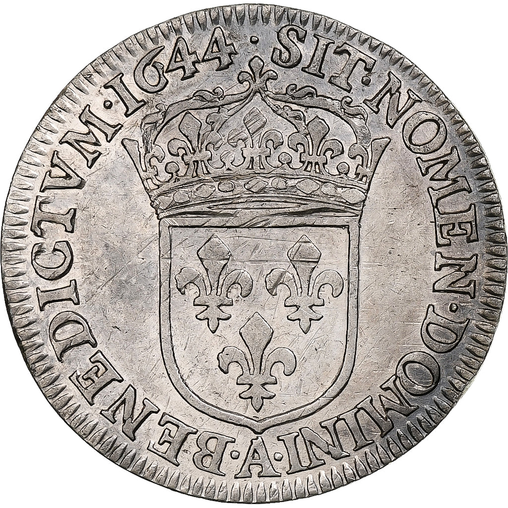 França, Louis XIV, 1/4 Écu à la mèche courte, 1644, Paris, Point, Prata