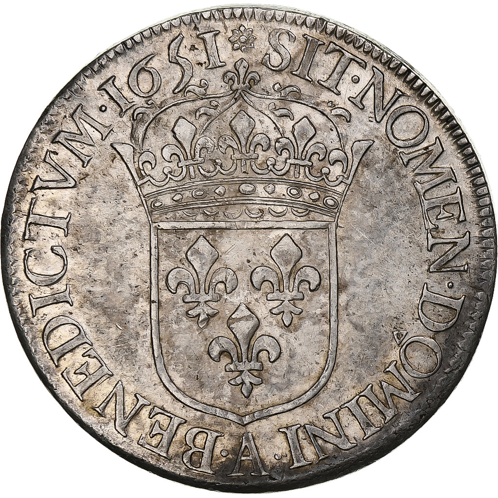 France, Louis XIV, Écu à la mèche longue, 1651, Paris, Silver, AU(50-53)