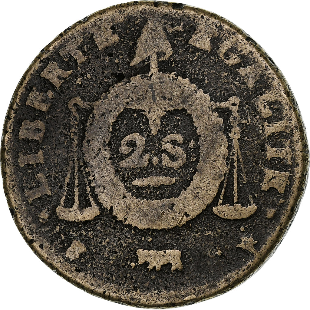 França, 2 sols aux balances non daté, An 2, Pau, Métal de cloche, F(12-15)