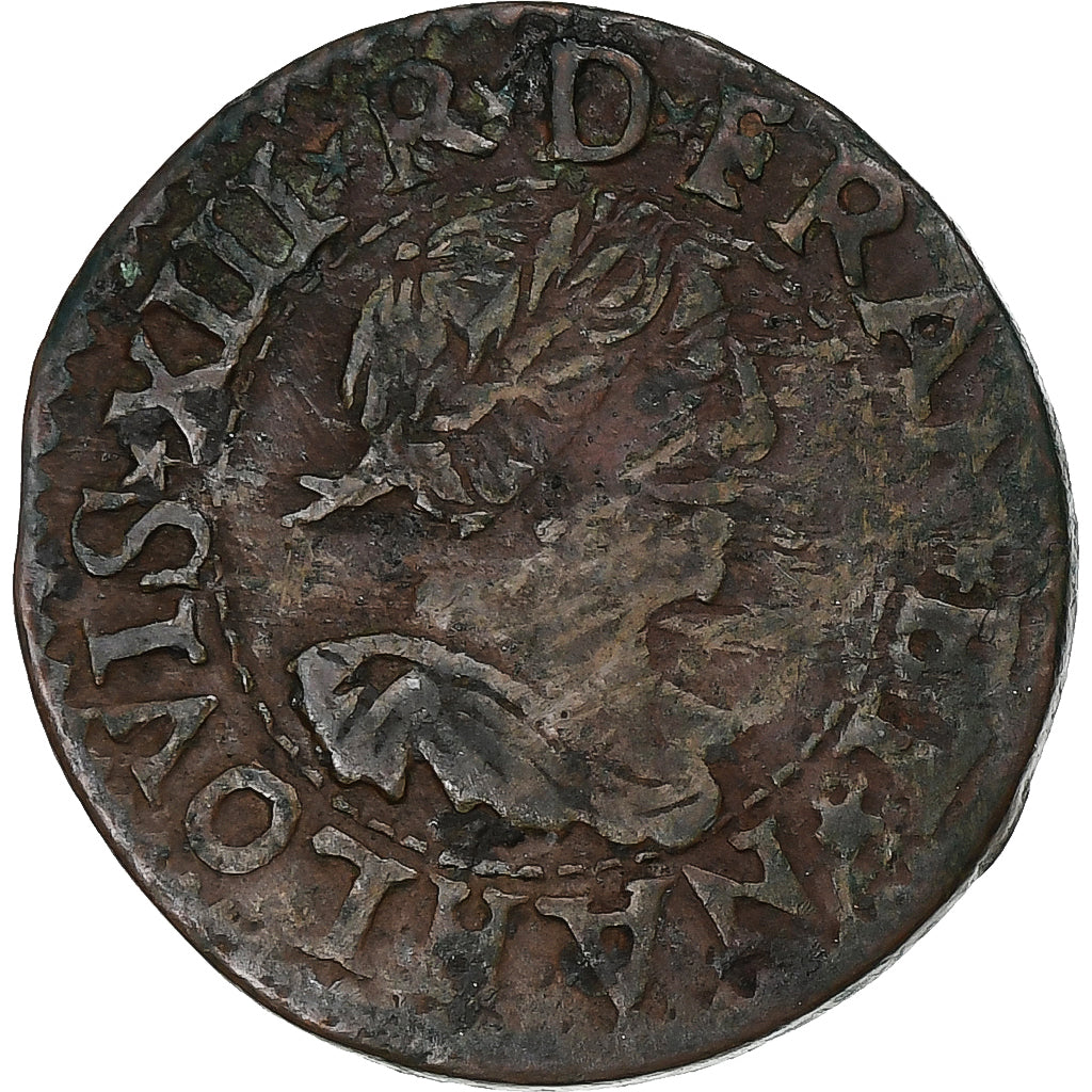 Francia, Louis XIII, Double Tournois, 1640, La Rochelle, Cobre, BC+, Gadoury:11