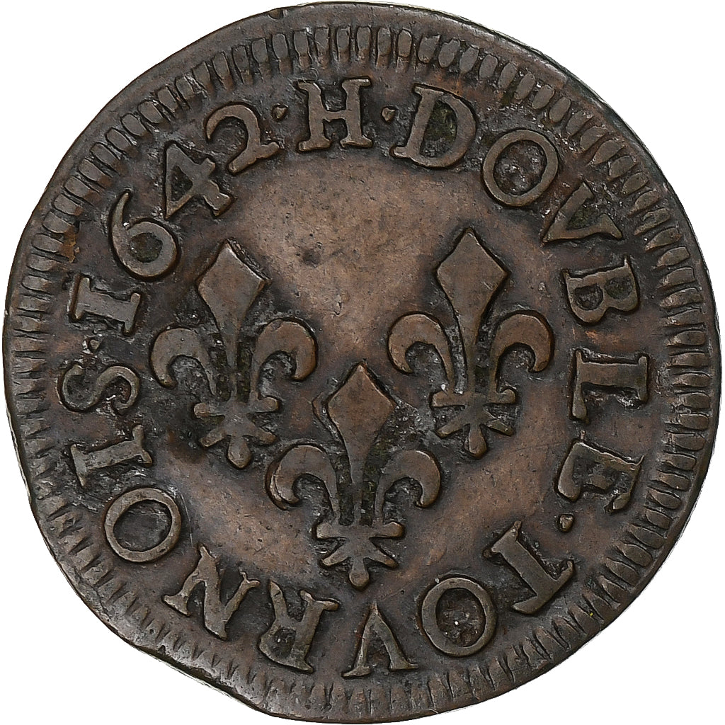 França, Louis XIII, Double Tournois, 1642, La Rochelle, Cobre, VF(30-35)