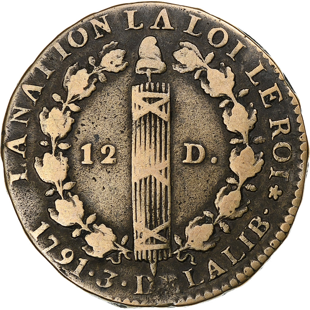 Francia, Louis XVI, 12 deniers françois, 1791·3, Paris, Métal de cloche, MB+