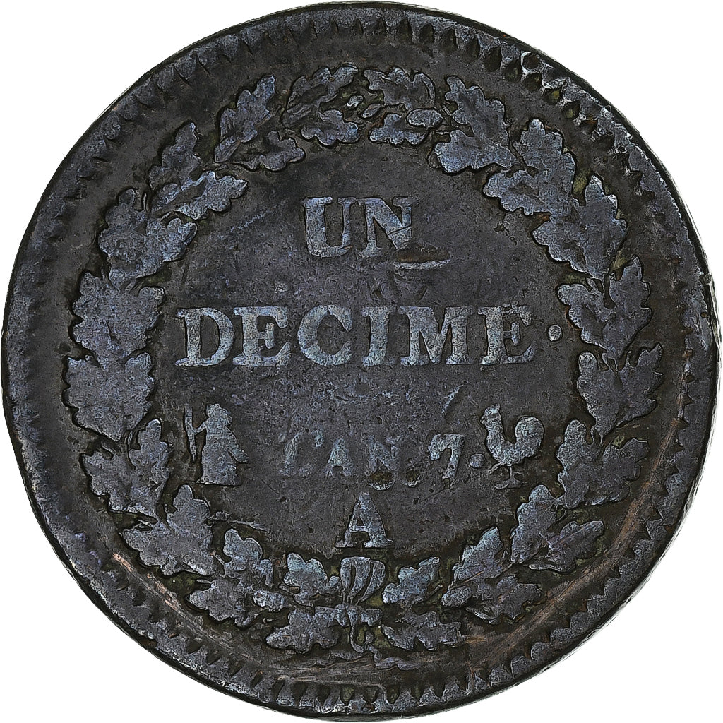 France, Decime, Dupré, AN 7, Paris, Bronze, VF(30-35), Gadoury:187