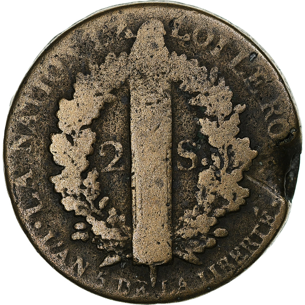 França, Louis XVI, 2 sols Français, 1793 / AN 5, Strasbourg, Métal de cloche