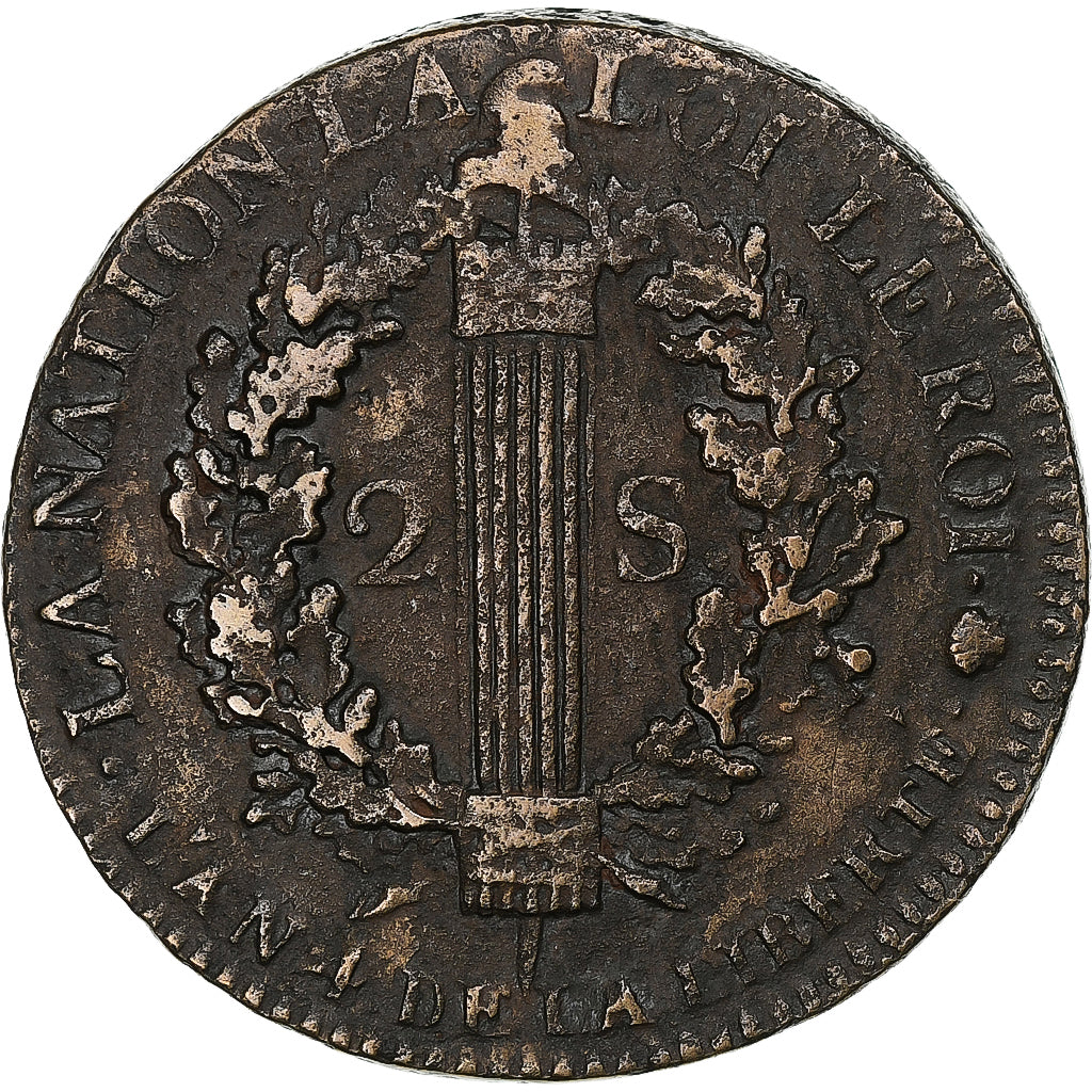 France, Louis XVI, 2 sols François, 1792 / AN 4, Rouen, Copper, VF(30-35)