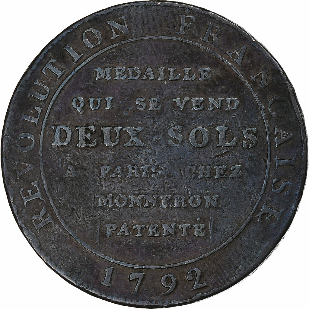 France, 2 Sols, Monneron à la Liberté, 1792, Birmingham, Bronze, VF(30-35)