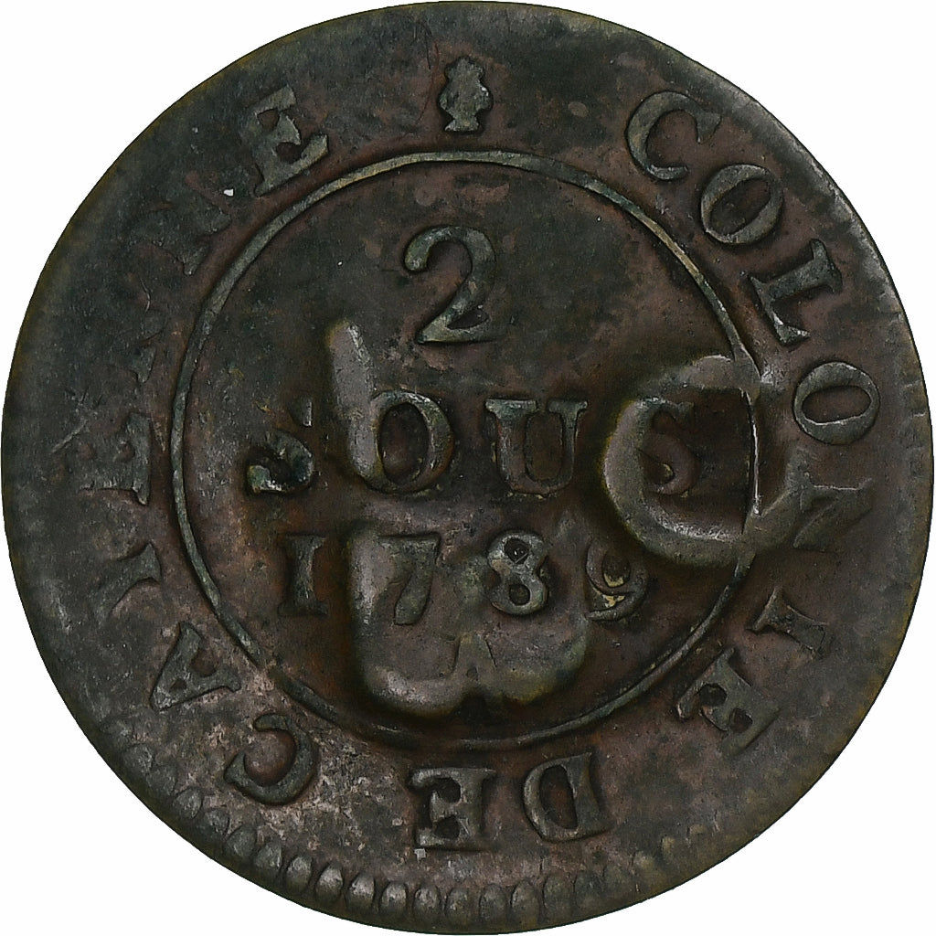 Trinidad y Tobago, 2 Sous, 1789, Paris, Countermarked TBO, Vellón, MBC, KM:6