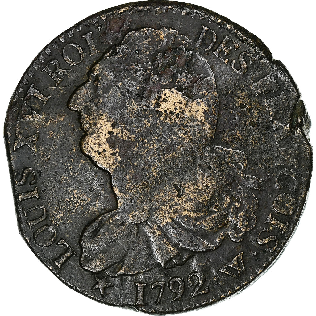 França, Louis XVI, 2 sols François, 1792 / AN 4, Lille, Bronze, VF(30-35)