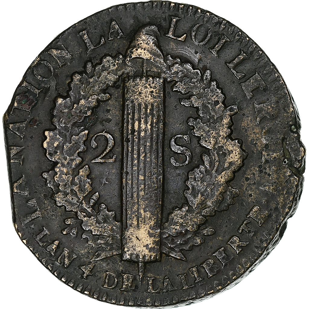 França, Louis XVI, 2 sols François, 1792 / AN 4, Lille, Bronze, VF(30-35)