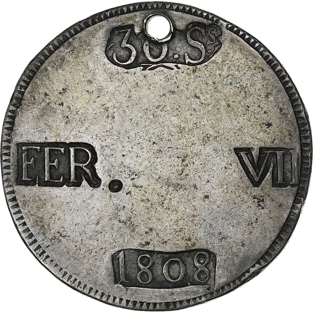 Hiszpania, MAJORCA, Ferdinand VII, 30 Sous, 1808, Holed, Srebro, EF(40-45)